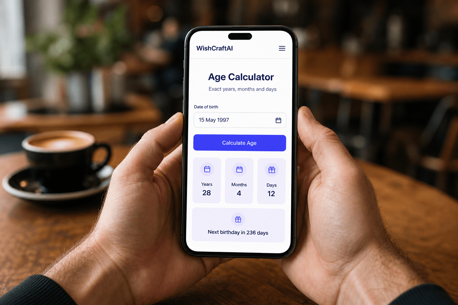 Someone using the WishCraftAI Age Calculator on a phone to find exact age and birthday countdown